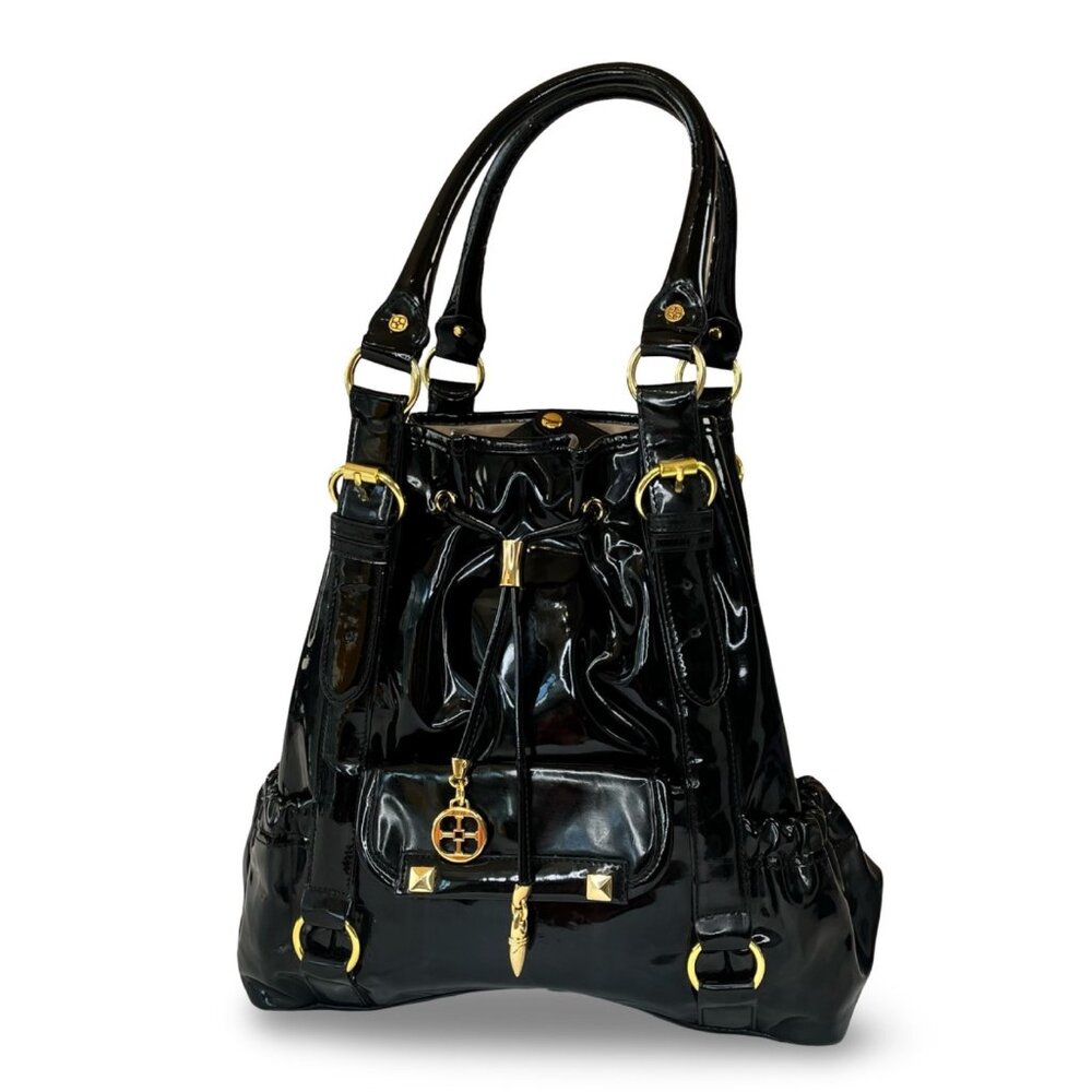Iman Black FAUX Patent Leather Tote Bag With Gold Hardware